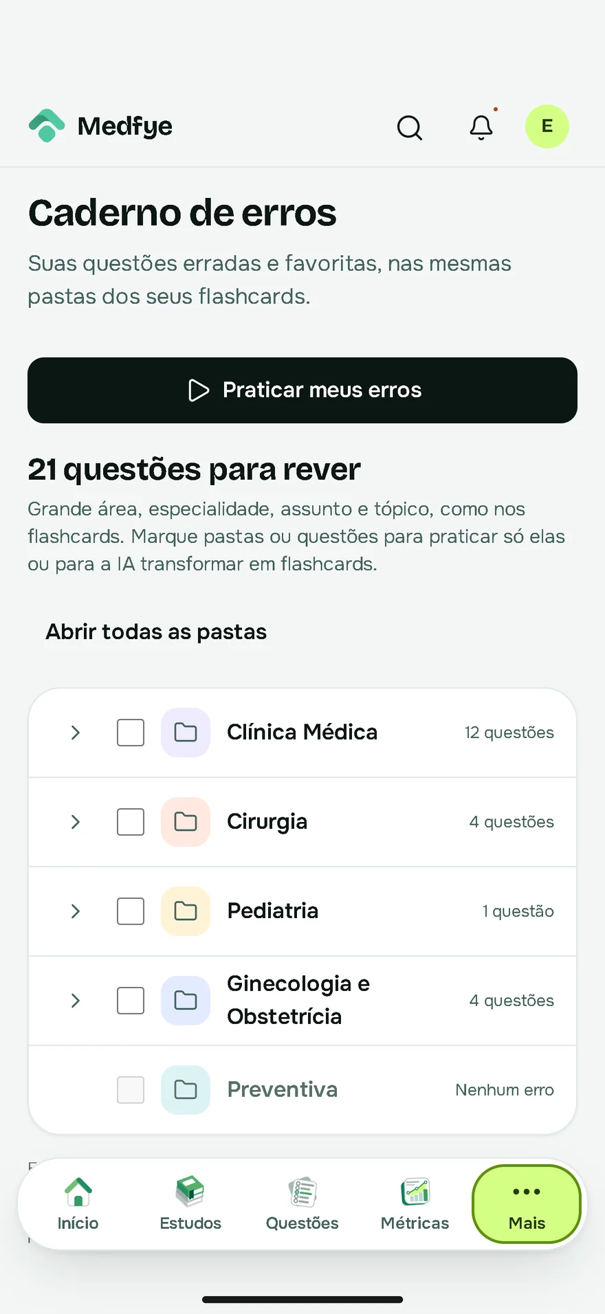 Caderno de erros no celular: 21 questões para rever, em pastas por grande área.
