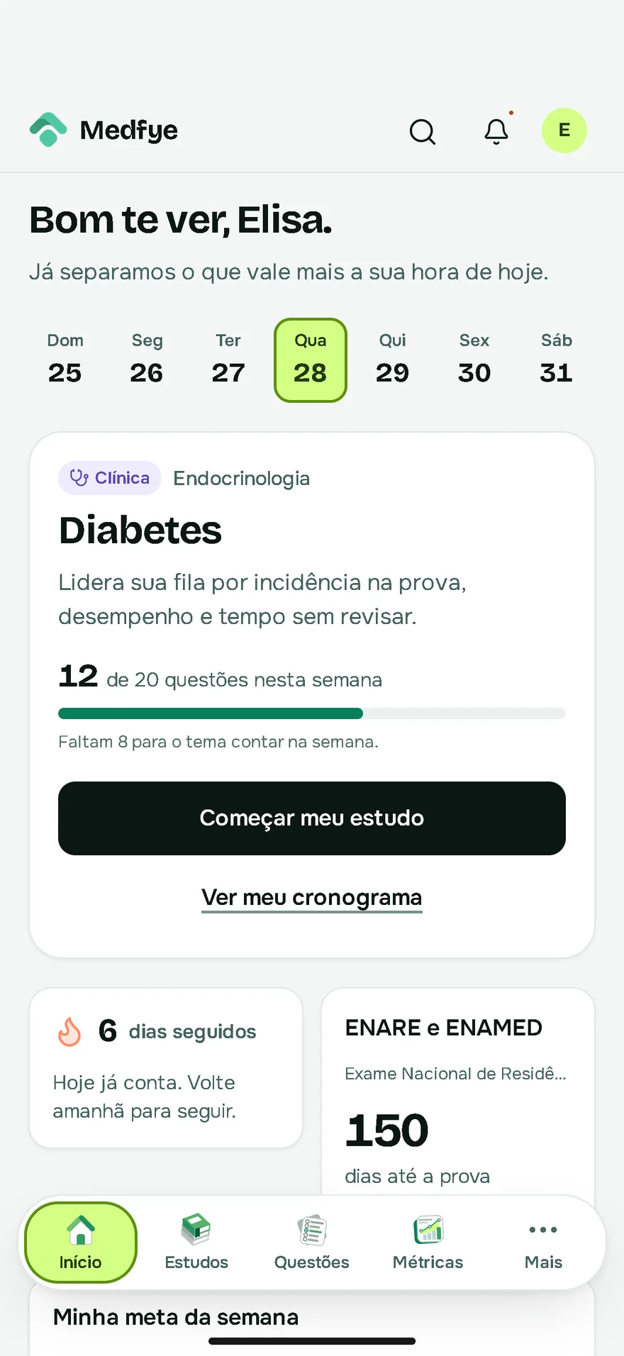 Início da plataforma Medfye: o assunto do dia, Diabetes, e as questões da semana.