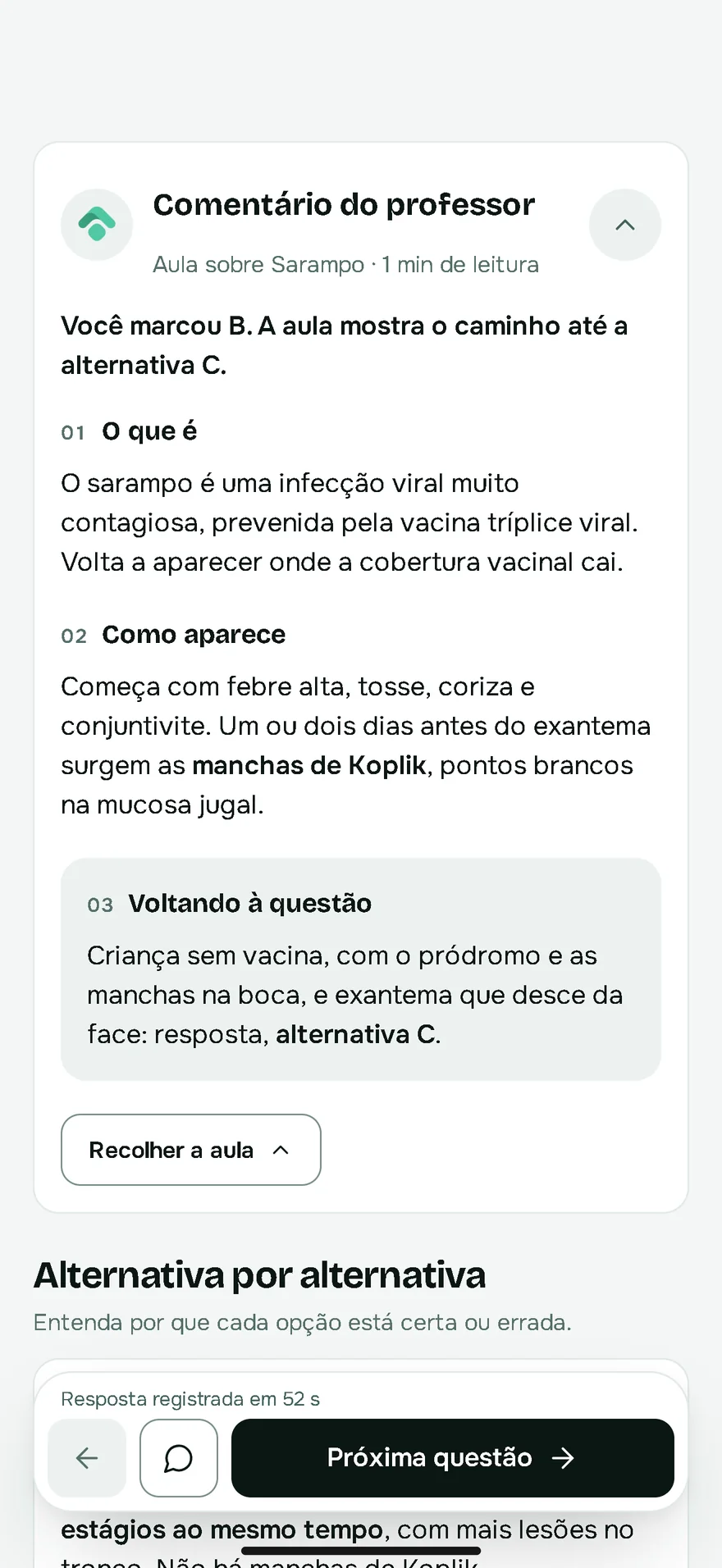 Comentário do professor no celular: você marcou B, e a aula mostra o caminho até a alternativa C, sarampo.
